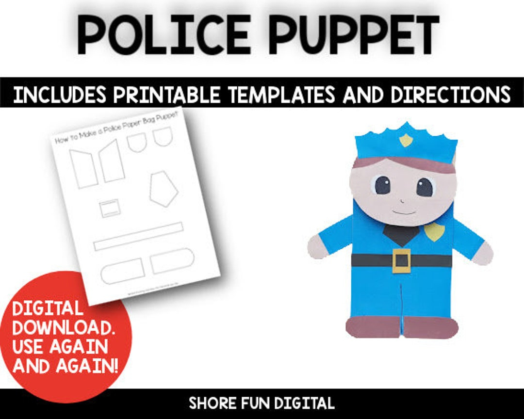 Police Paper Bag Puppet Craft Template With Directions - Etsy for Printable Police Officer Puppet Template