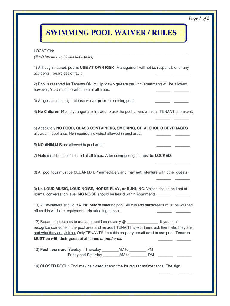 Pool Waiver - Fill Online, Printable, Fillable, Blank | Pdffiller regarding Printable Swimming Pool Waiver Template
