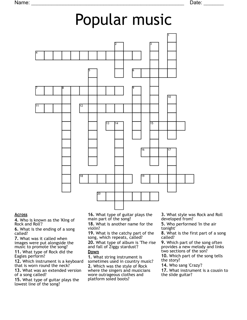 Popular Music Crossword - Wordmint intended for Music Crosswords Printable