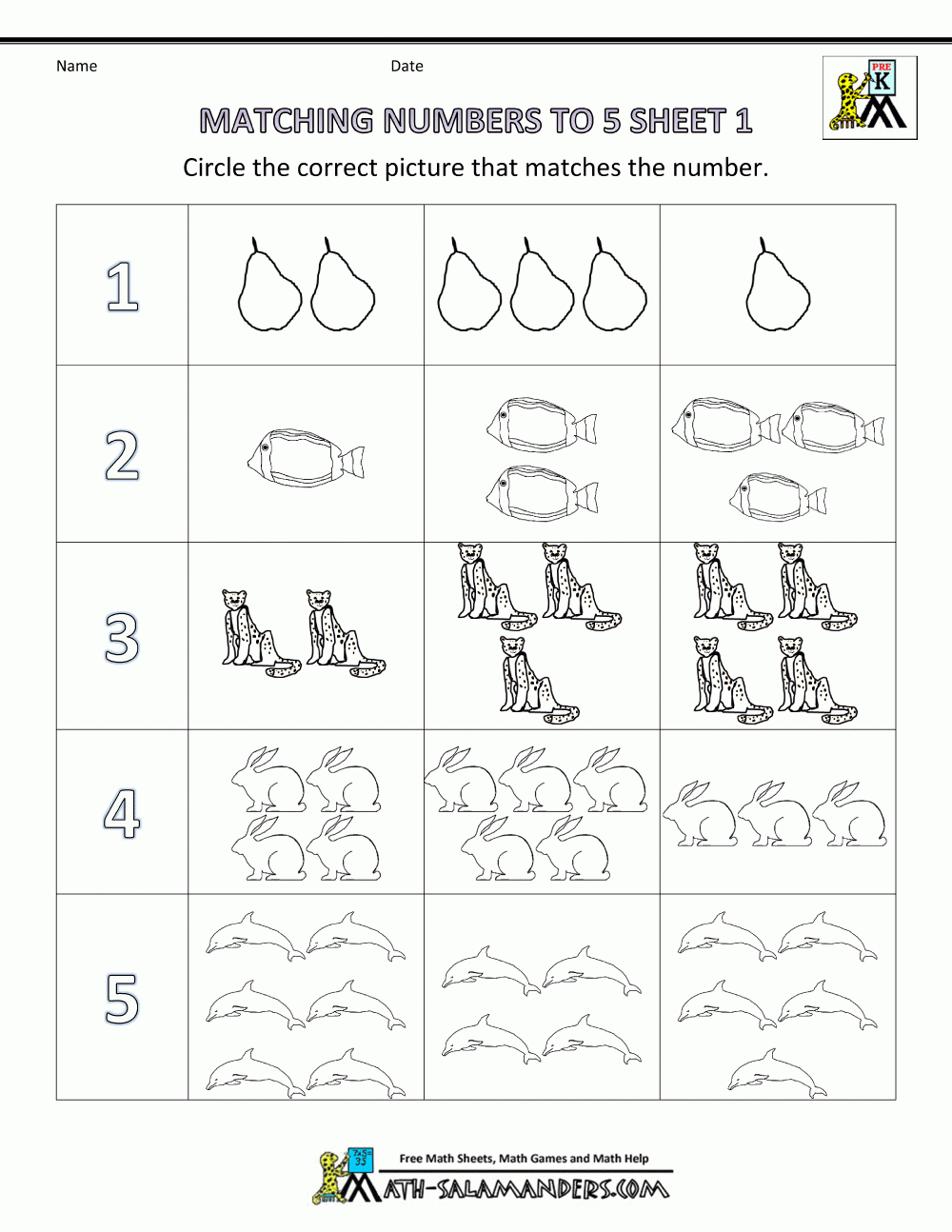 Preschool Math Worksheets - Matching To 5 pertaining to Free Printable Worksheets K 5