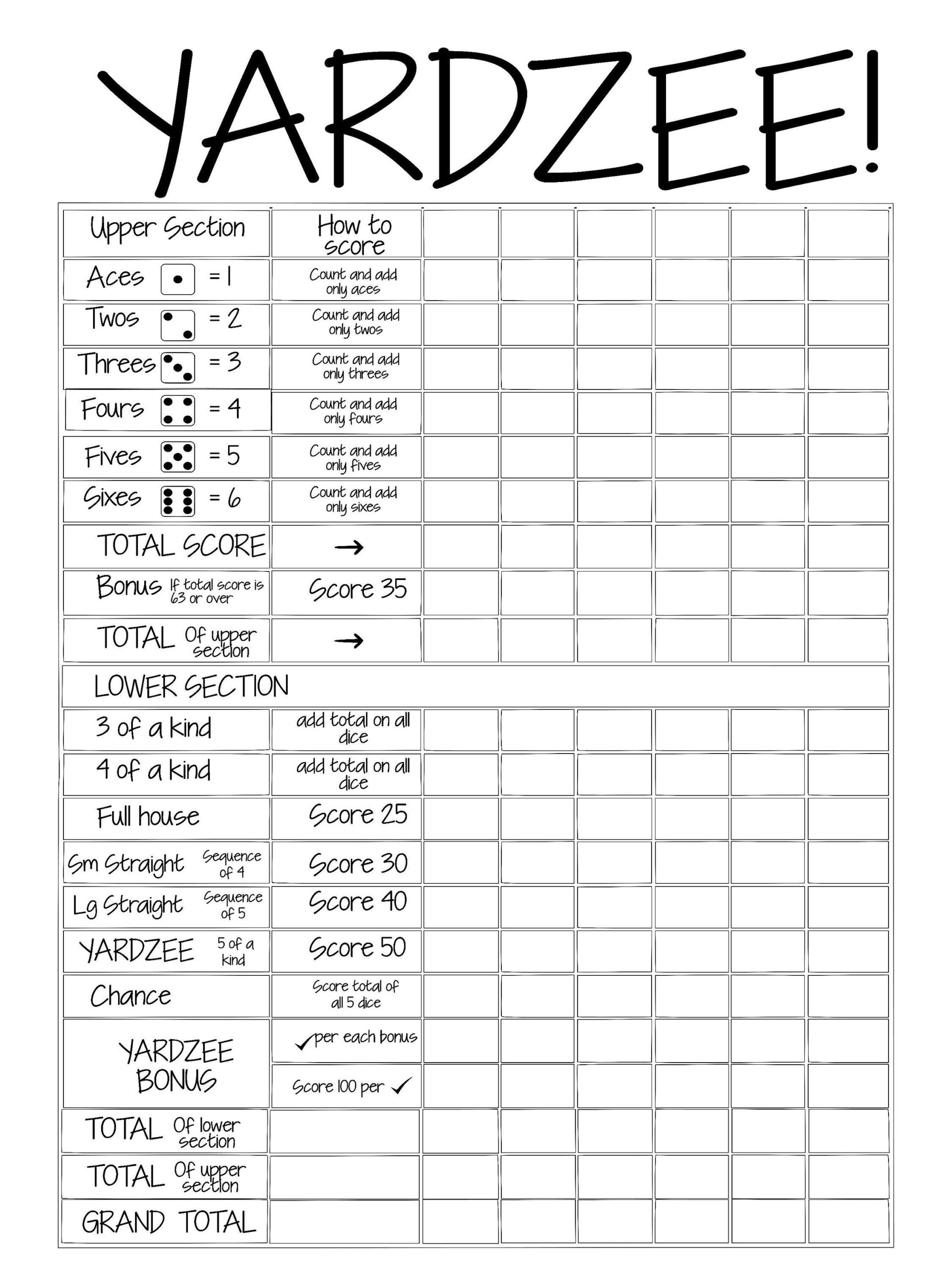 Printable 18X24 Yardzee Score Card File Sill In The Blank--Diy within Free Printable Yardzee Score Cards