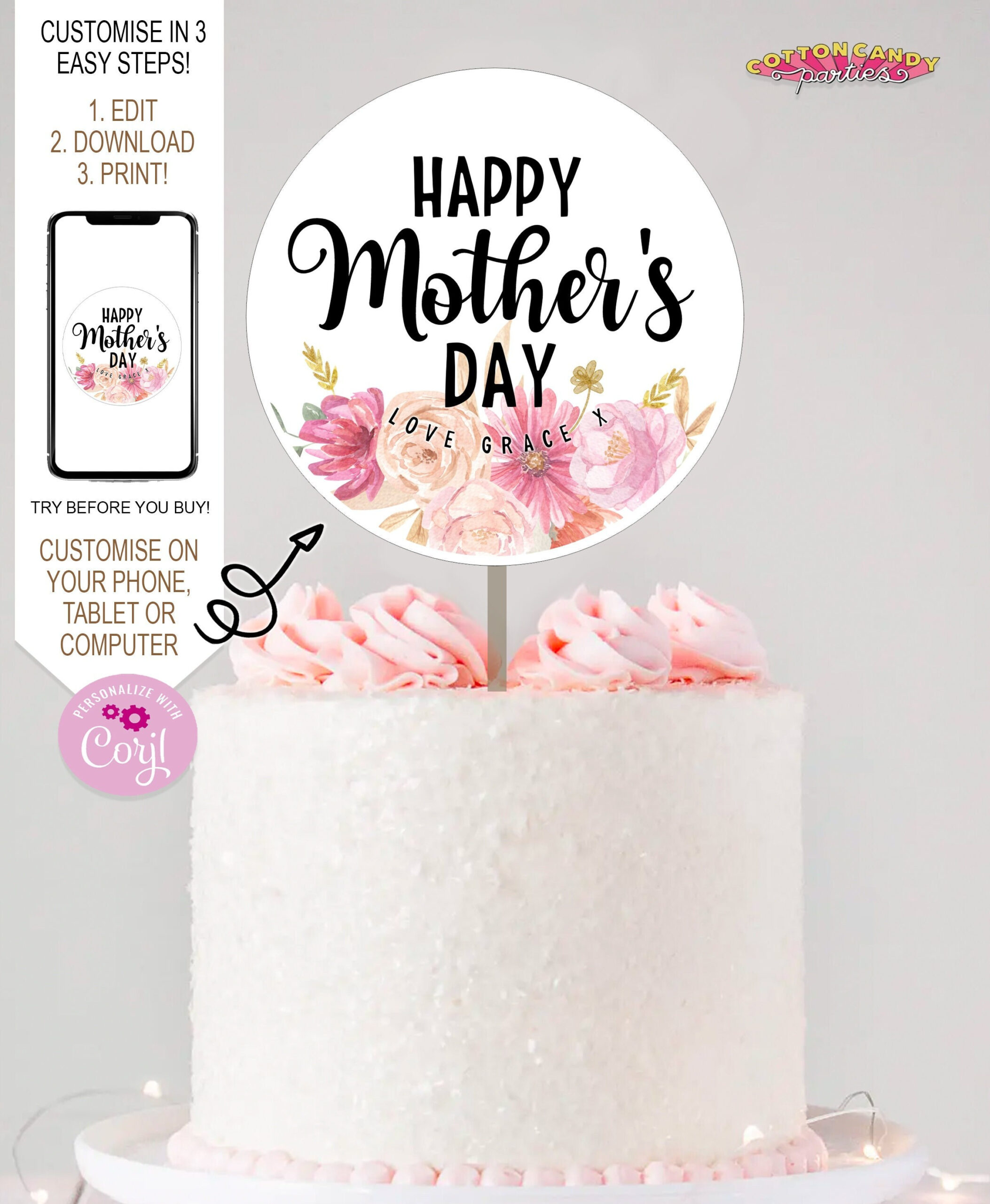 Printable Cake Topper- 4&amp;quot; X 4&amp;quot; Happy Mother&amp;#039;S Day Pink Flowers Greenery Cake Topper Cupcake Toppers Happy Mothers Day Toppers Tag Idea Mdp throughout Happy Mothers Day Cake Topper Printable