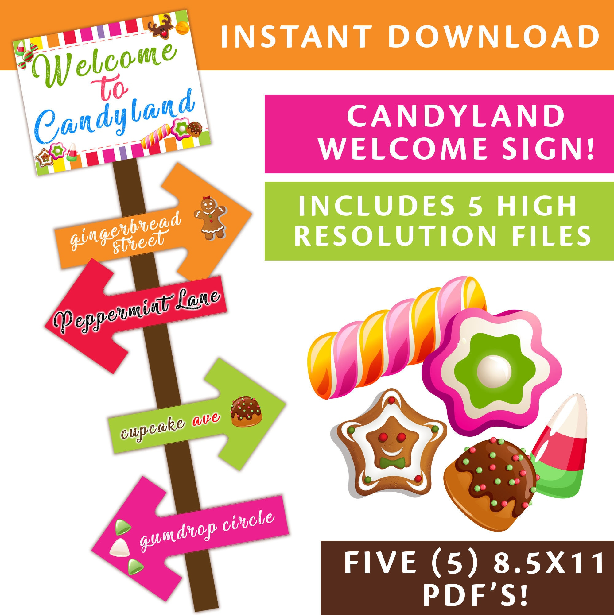 Printable Candyland Welcome Sign Plus 4 Directional Signs, Candyland Theme Street Signs, Candyland Instant Download Directional Signs with Free Printable Candyland Signs