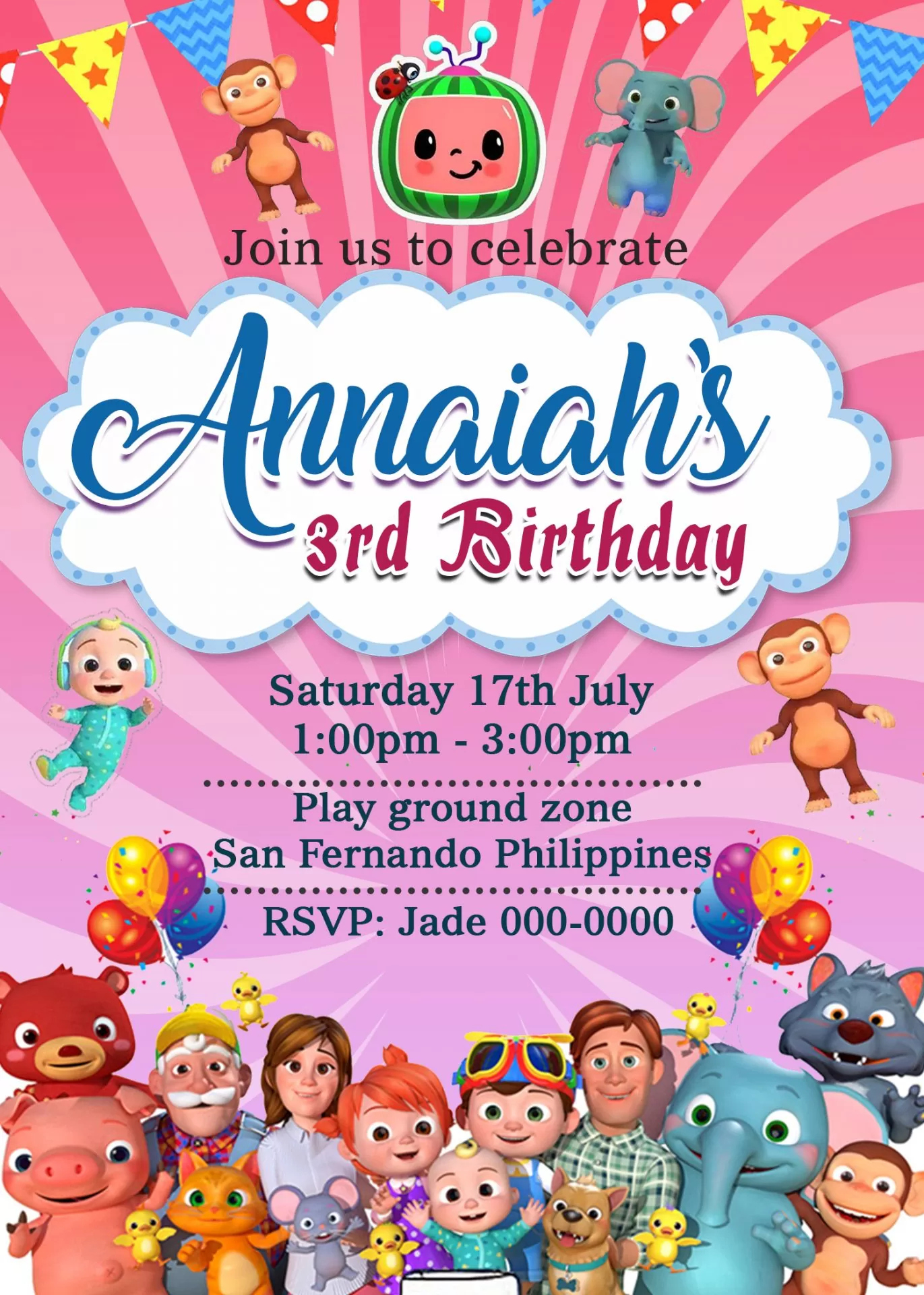 Printable Cocomelon Party Invitation 4 X 6 Or 5 X 7 Template Free throughout Free Printable Cocomelon Invitation