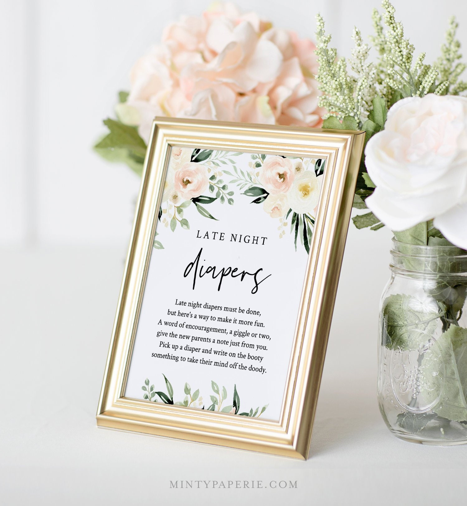 Printable Late Night Diapers Sign, Boho Floral Baby Shower Game with Late Night Diaper Notes Free Printable