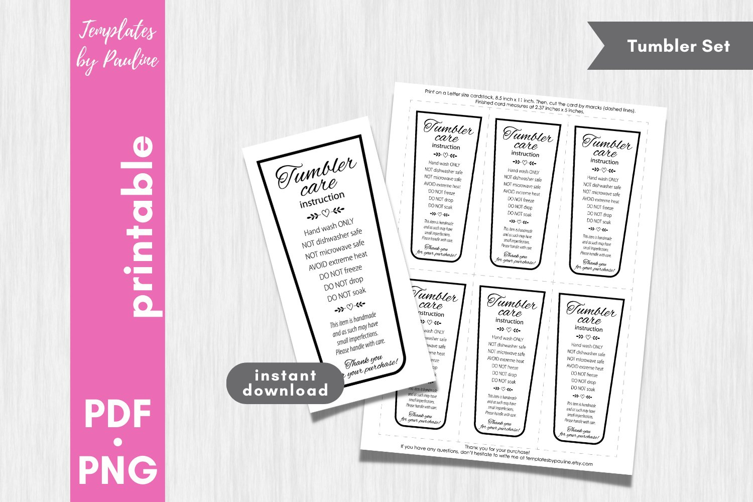 Printable Sublimation Tumbler Care Card. Hand Wash Only Tag. with regard to Printable Care Instruction Cards Free