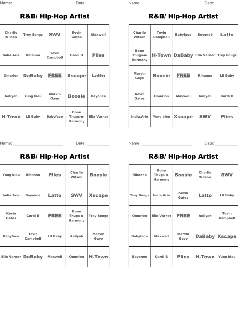 R&amp;amp;B/ Hip-Hop Artist Bingo Cards - Wordmint with Hip Hop Bingo Cards