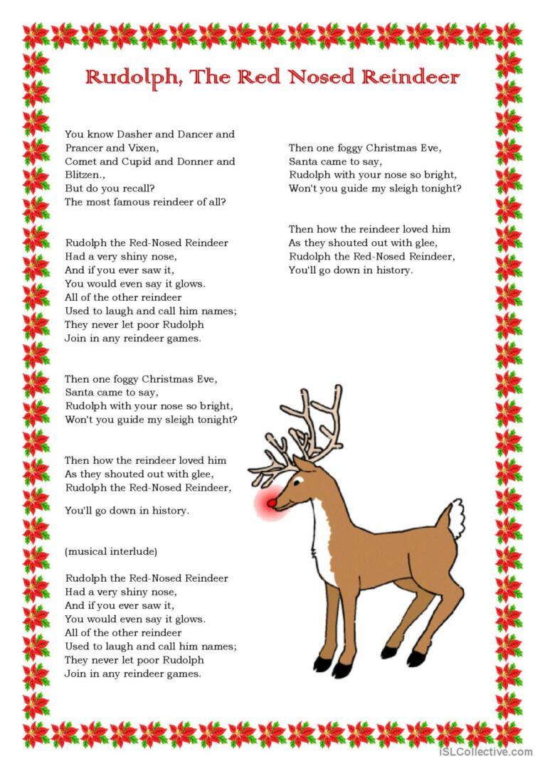 Rudolph, The Red Nosed Reindeer Song…: Deutsch Daf Arbeitsblätter for Rudolph The Red Nosed Reindeer Lyrics Printable