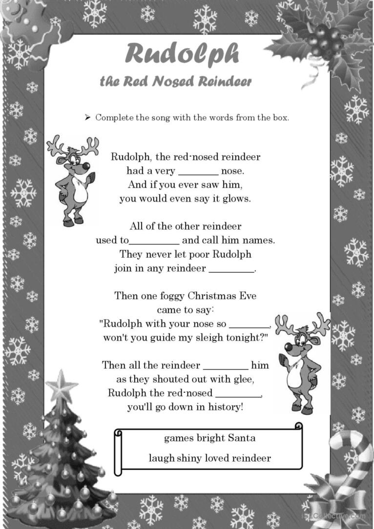 Rudolph The Red Nosed Reindeer- Song…: English Esl Worksheets Pdf throughout Rudolph the Red Nosed Reindeer Lyrics Printable