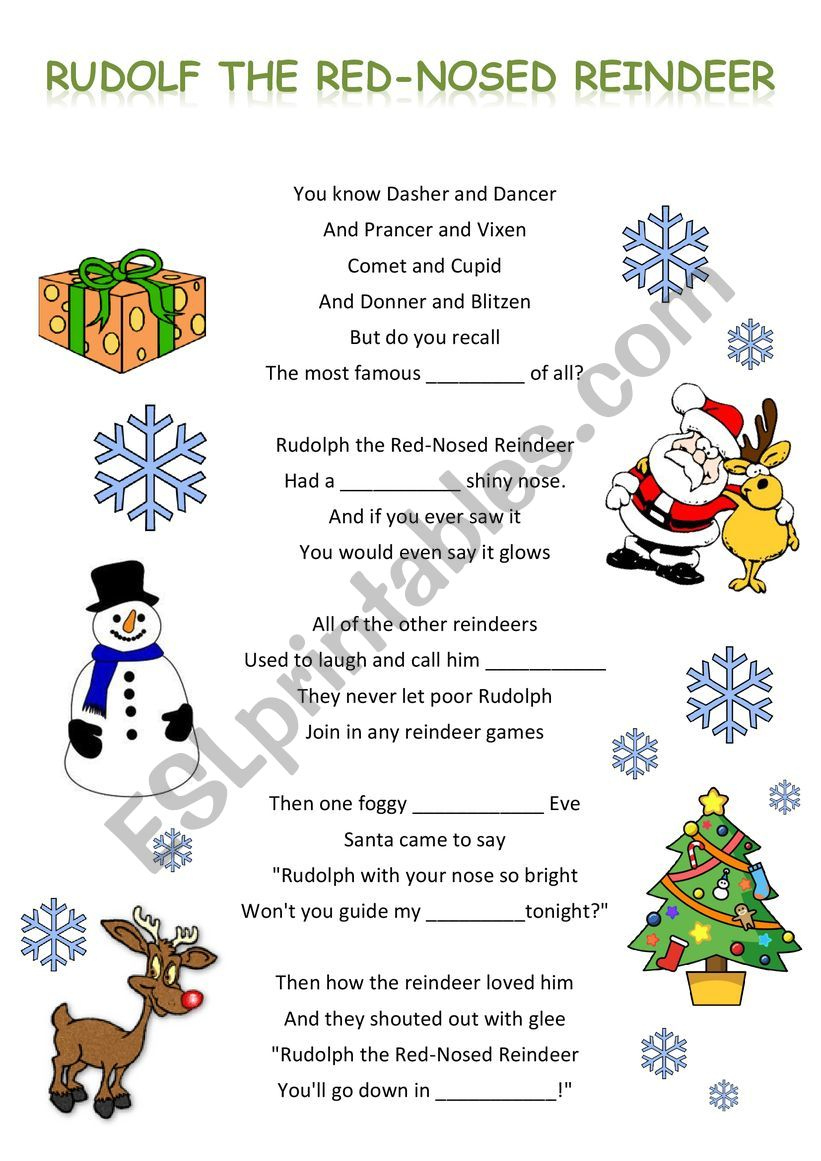 Rudolph The Red-Nosed Reindeer Song Text With Gaps (Easy, For with Rudolph the Red Nosed Reindeer Lyrics Printable