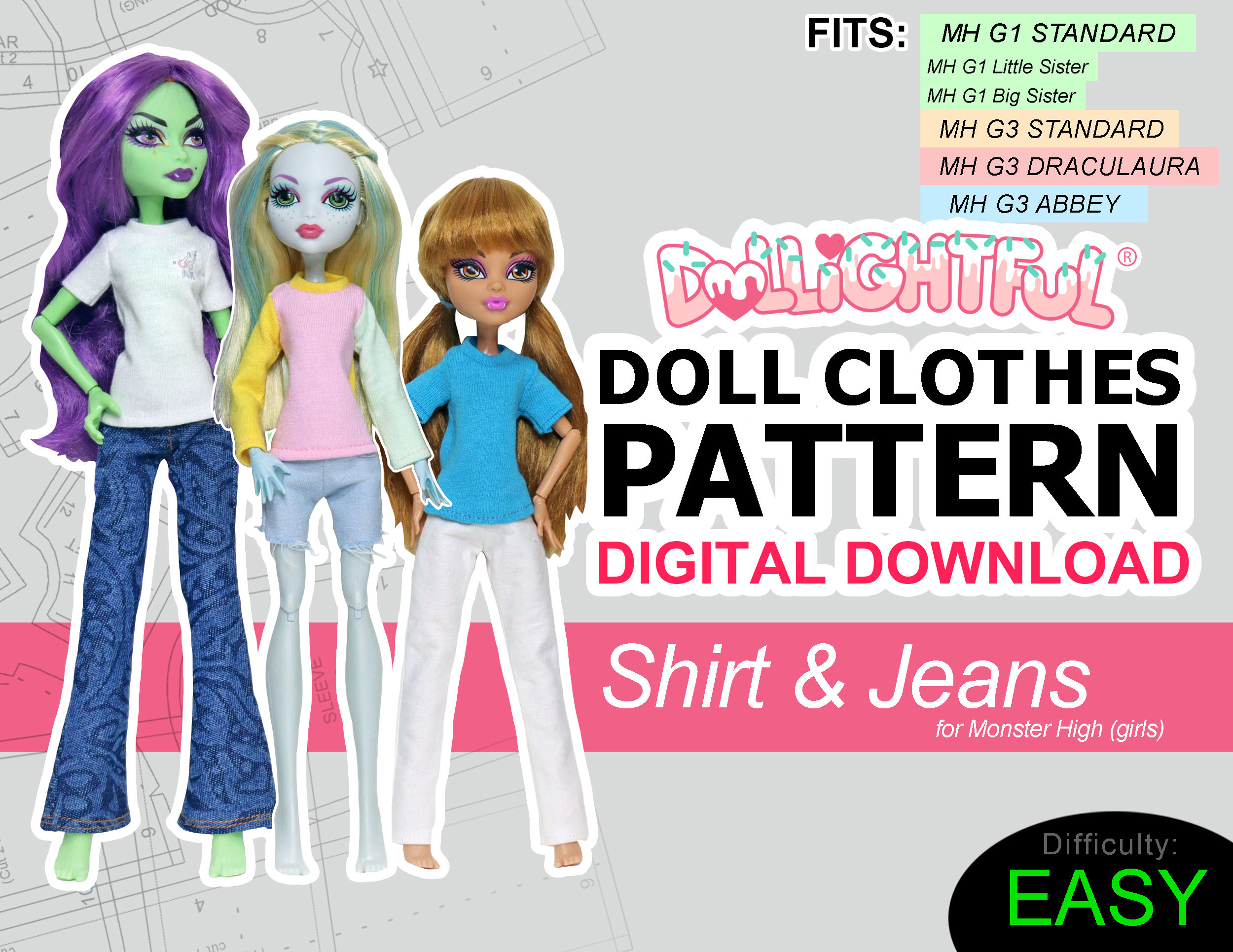 Shirt &amp;amp; Jeans [Mh Girl] - Digital Download Doll Clothes Pattern - Etsy for Dollightful Free Printable Monster High Doll Clothes Patterns