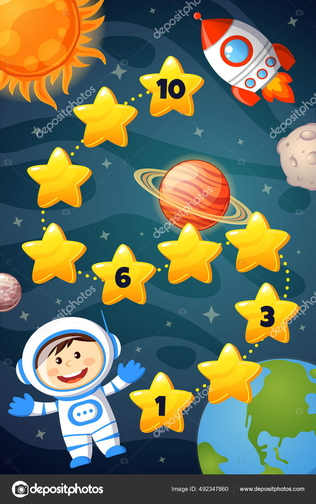 Space Cosmonaut Rocket Sun Moon Write Missing Numbers in Spaceship Missing Numbers Worksheet