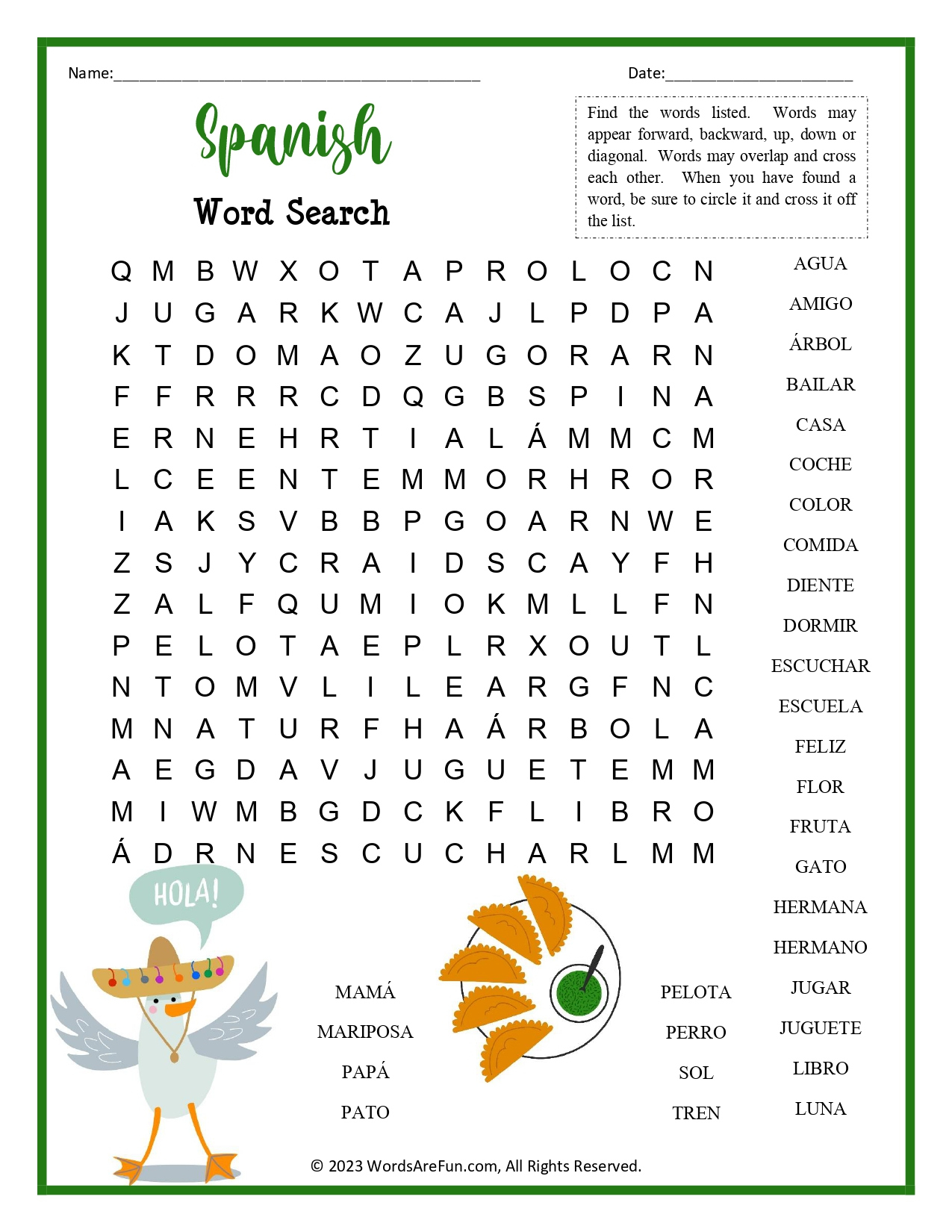 Spanish Word Search For Kids in Free Printable Spanish Word Search