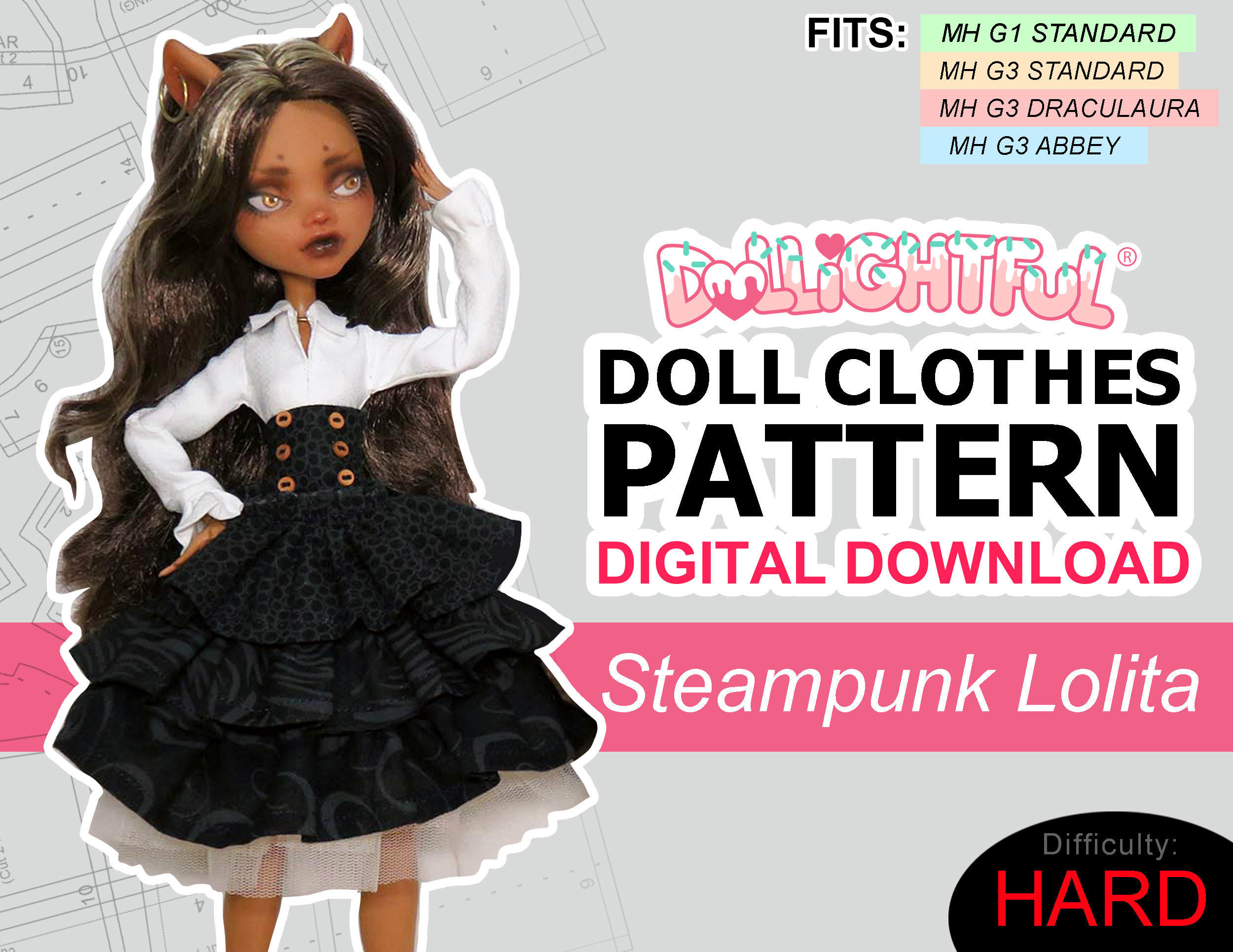 Steampunk Lolita Dress - Digital Download Doll Clothes Pattern with Dollightful Free Printable Monster High Doll Clothes Patterns
