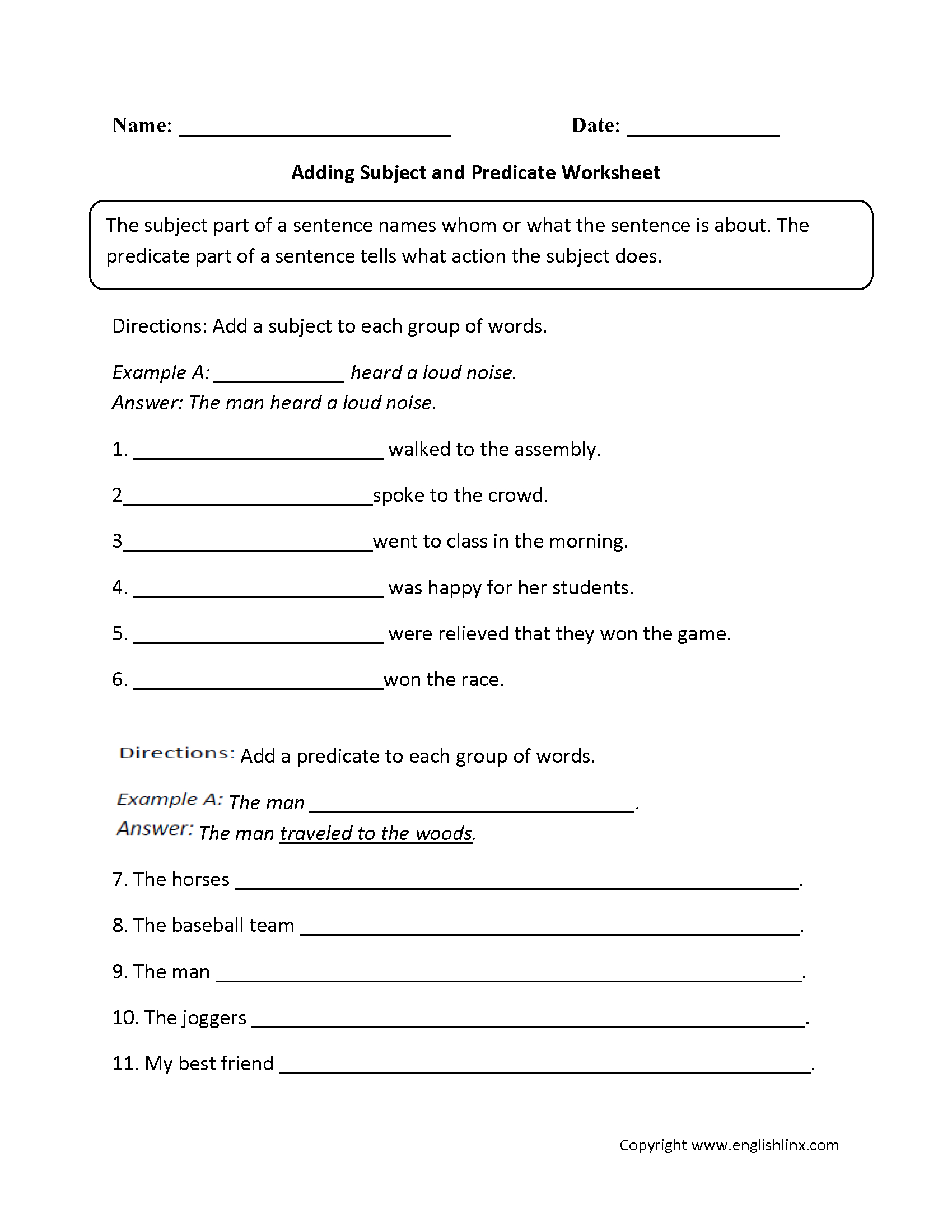 Subject And Predicate Worksheets | Adding Subject And Predicate pertaining to Printable Grammar Worksheets 6th Grade Free