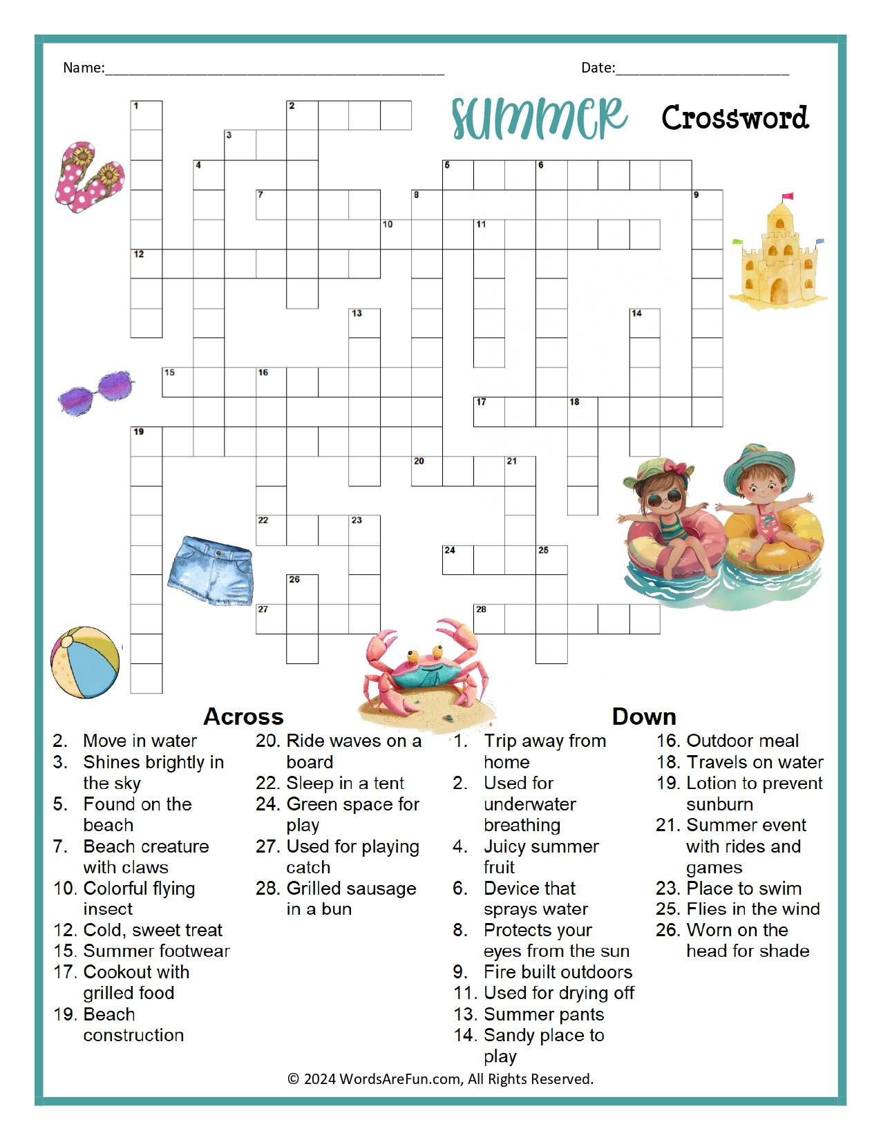 Summer Crossword Puzzle intended for Printable Summer Crossword