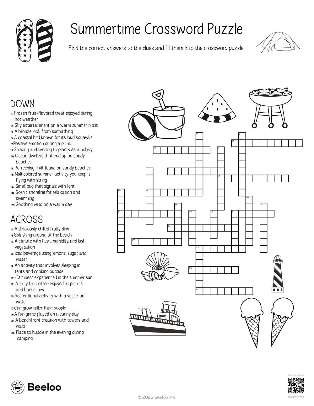 Summertime Crossword Puzzle • Beeloo Printable Crafts And pertaining to Summertime Crossword Puzzle Printable