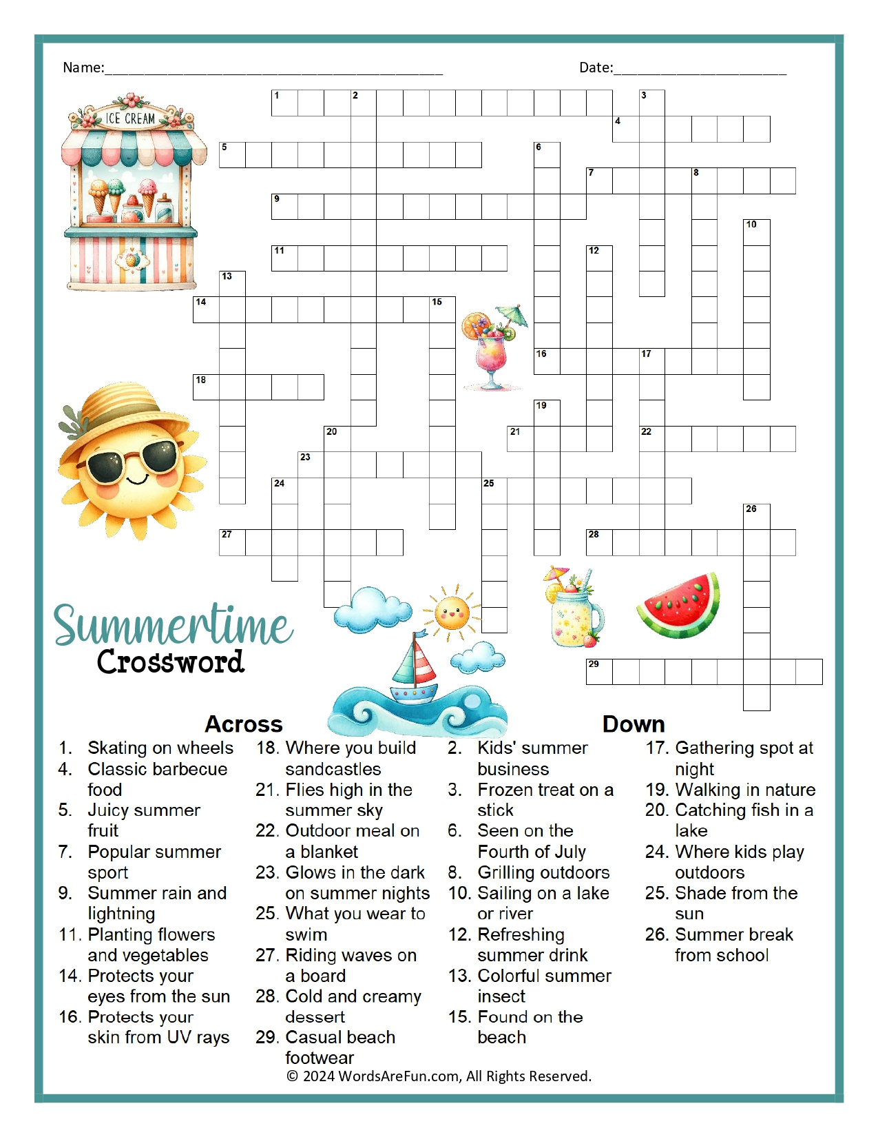 Summertime Crossword Puzzle in Summertime Crossword Puzzle Printable