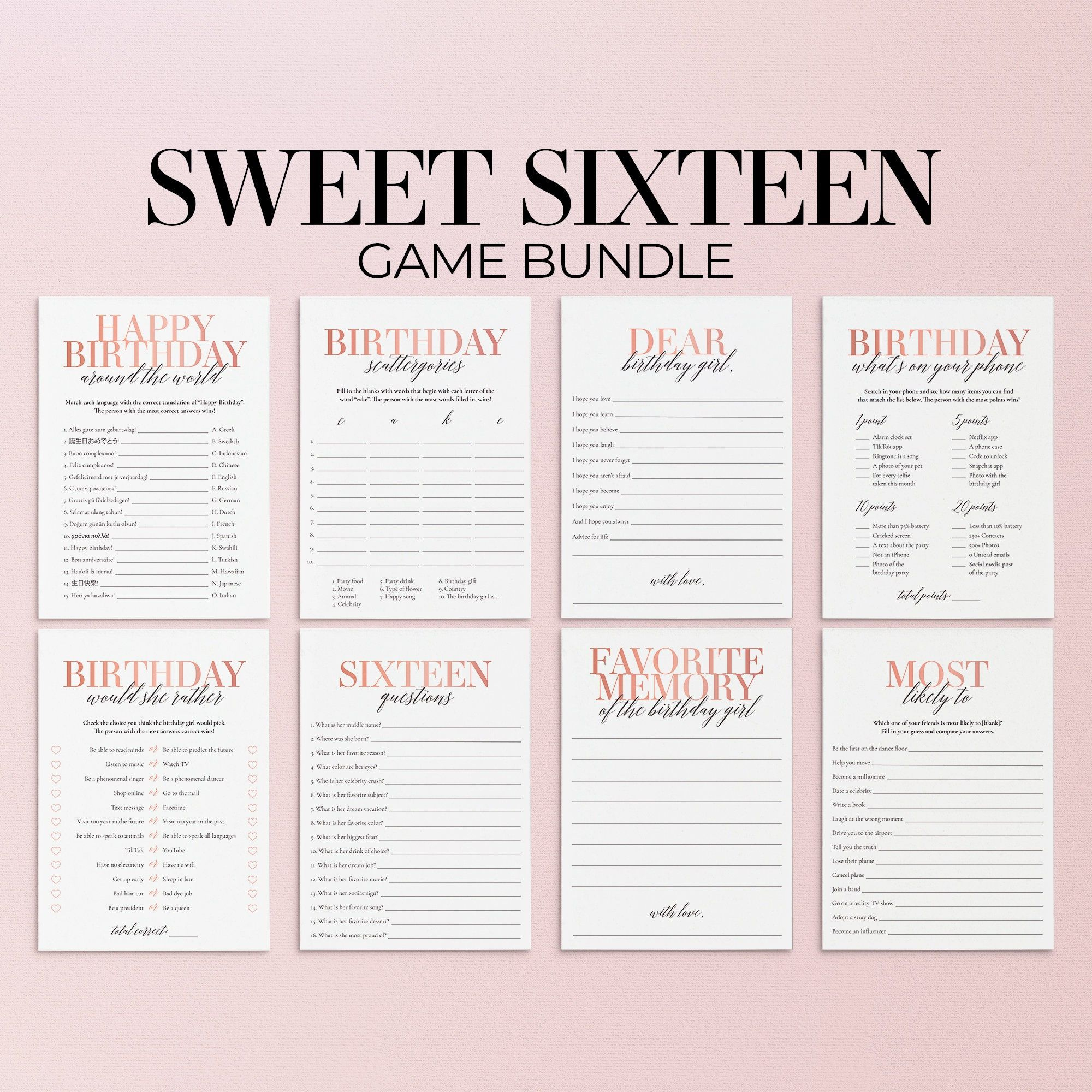 Sweet 16 Games Bundle Printable 16Th Birthday Games Sweet 16 Party with regard to Printable Sweet 16 Games
