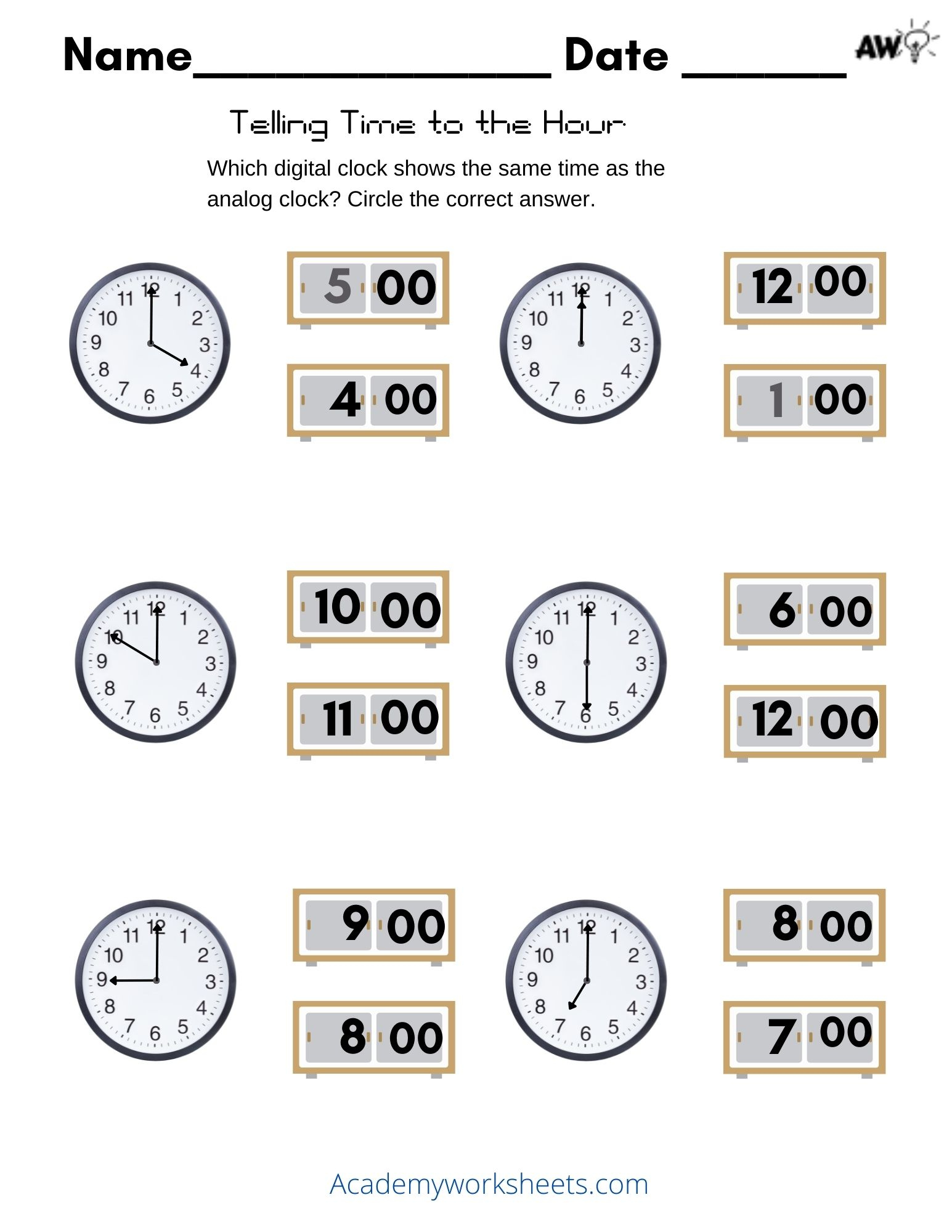 Telling Time To The Hour - Match Digital To Analog - Academy within Printable Matching Clocks Worksheet