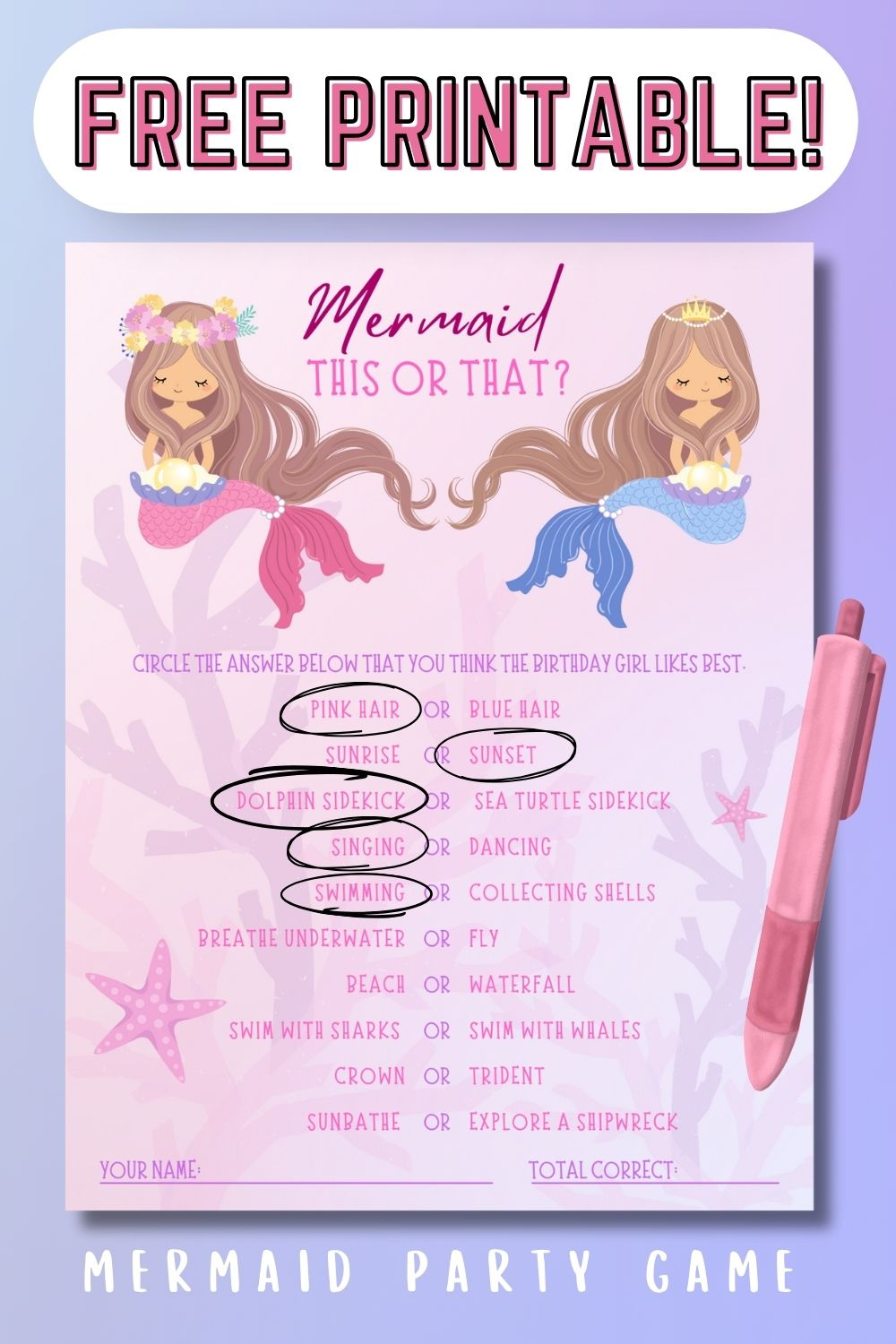 This Or That Printable - Free Mermaid Party Game regarding Free Mermaid Party Printables