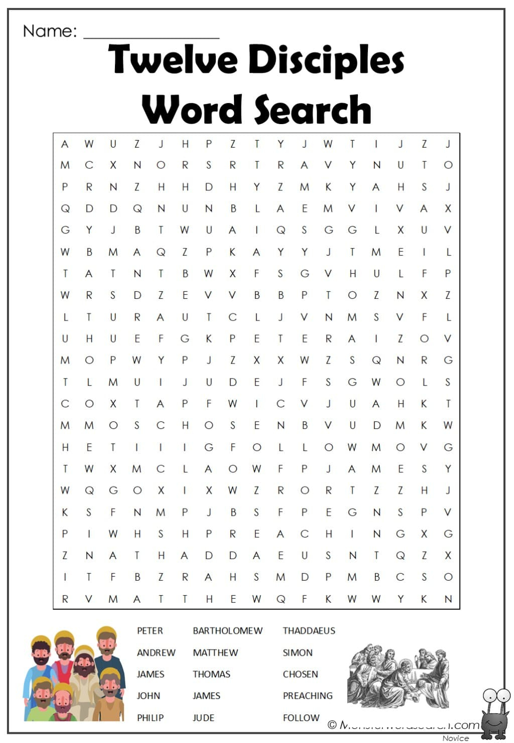 Twelve Disciples Word Search - Monster Word Search for Free Printable 12 Disciples Worksheet