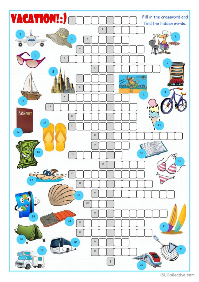 Vacation Crossword Puzzle Crossword: English Esl Worksheets Pdf &amp;amp; Doc intended for Crosswords Esl Printable