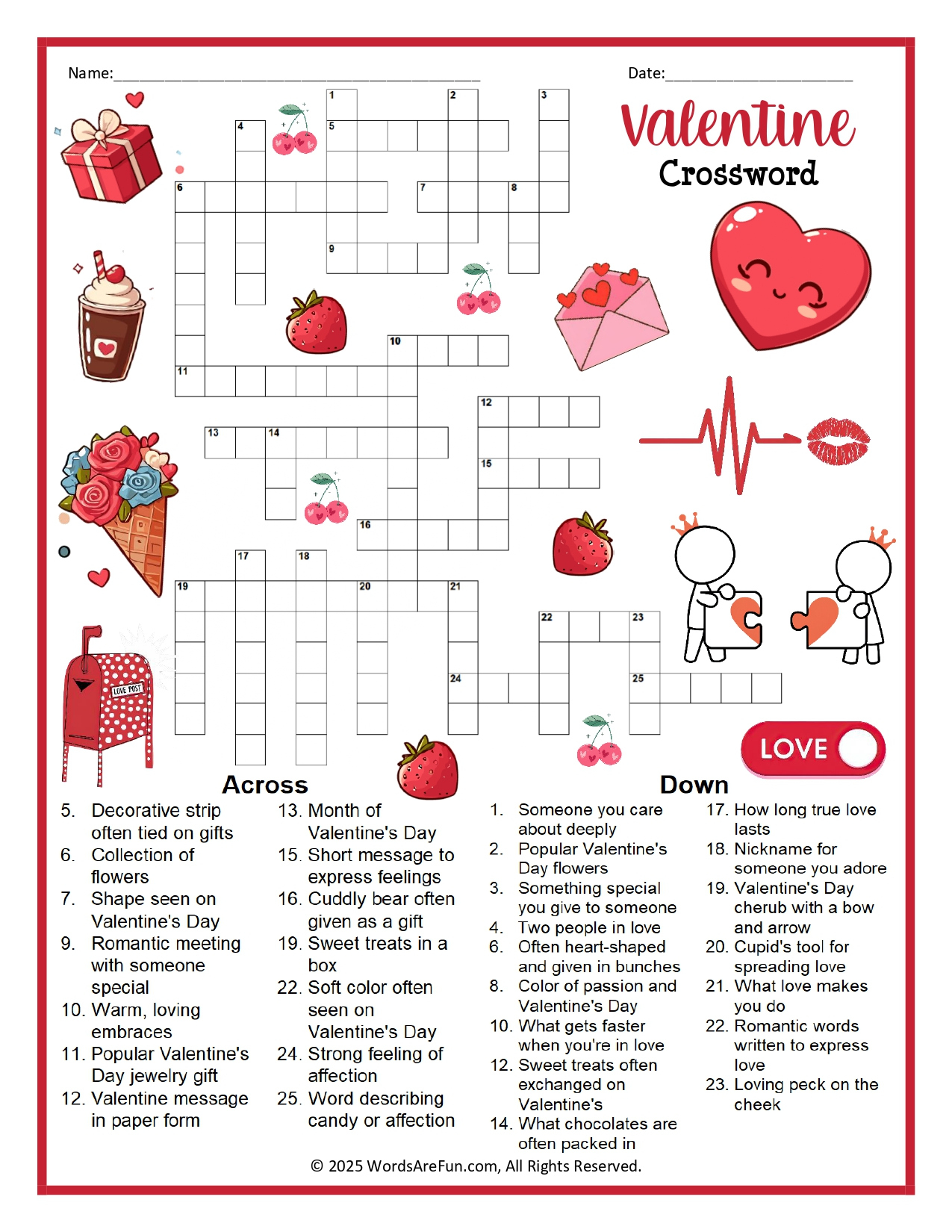 Valentine Crossword Puzzle inside Valentine Crossword Puzzle Printable