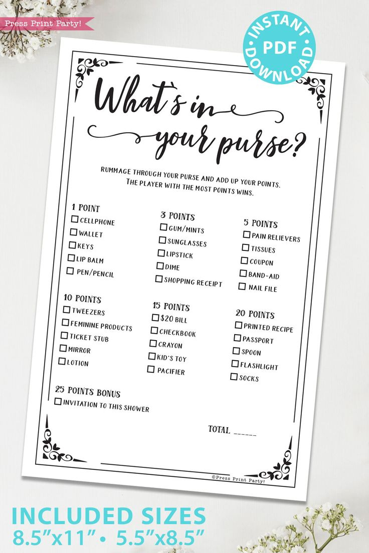 What&amp;#039;S In Your Purse Shower Game Printable - Press Print Party! regarding What&amp;amp;#039;s in Your Purse Free Printable Game
