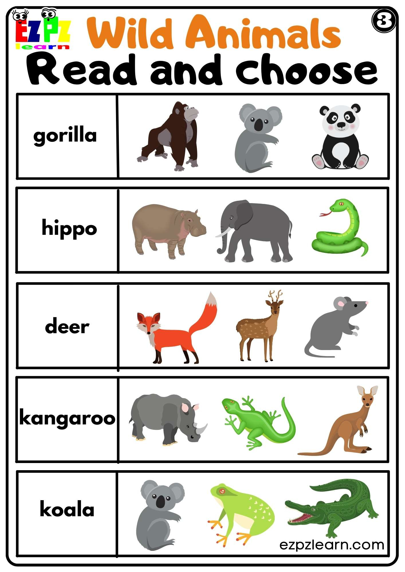 Wild Animals Read And Choose Worksheet For Kids And Esl Pdf pertaining to Printable Mammal Worksheets For Kindergarten