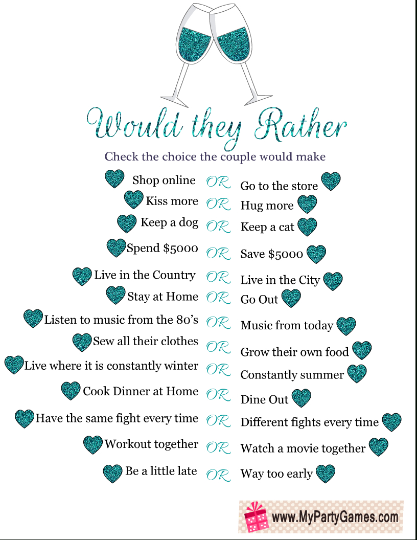 Would They Rather? Free Printable Anniversary Party Game with regard to Anniversary Party Games Printable