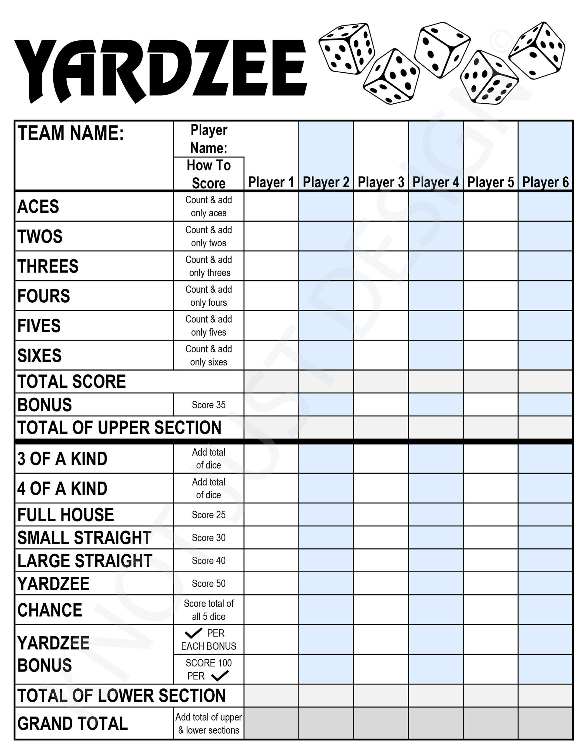 Yardzee Digital Score Card &amp;amp; Rules. Printable, Instant Download with Free Printable Yardzee Score Cards