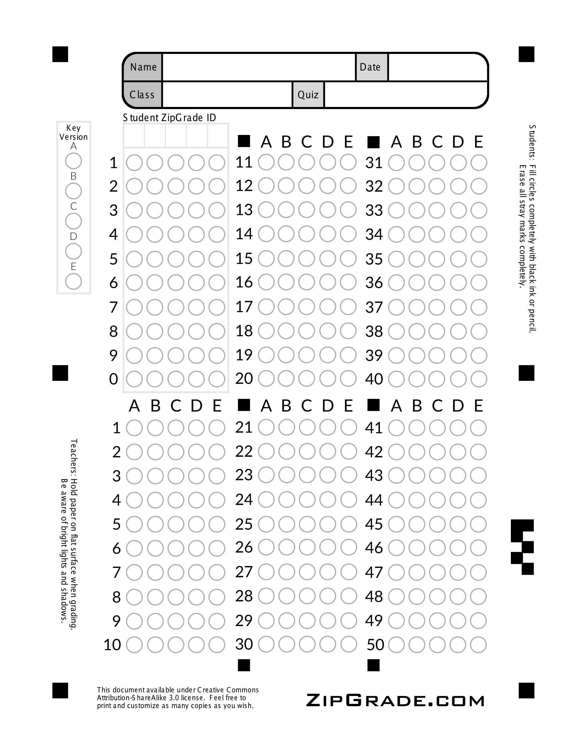 Zipgrade: Answer Sheet Forms in Free Printable Scantron Sheet