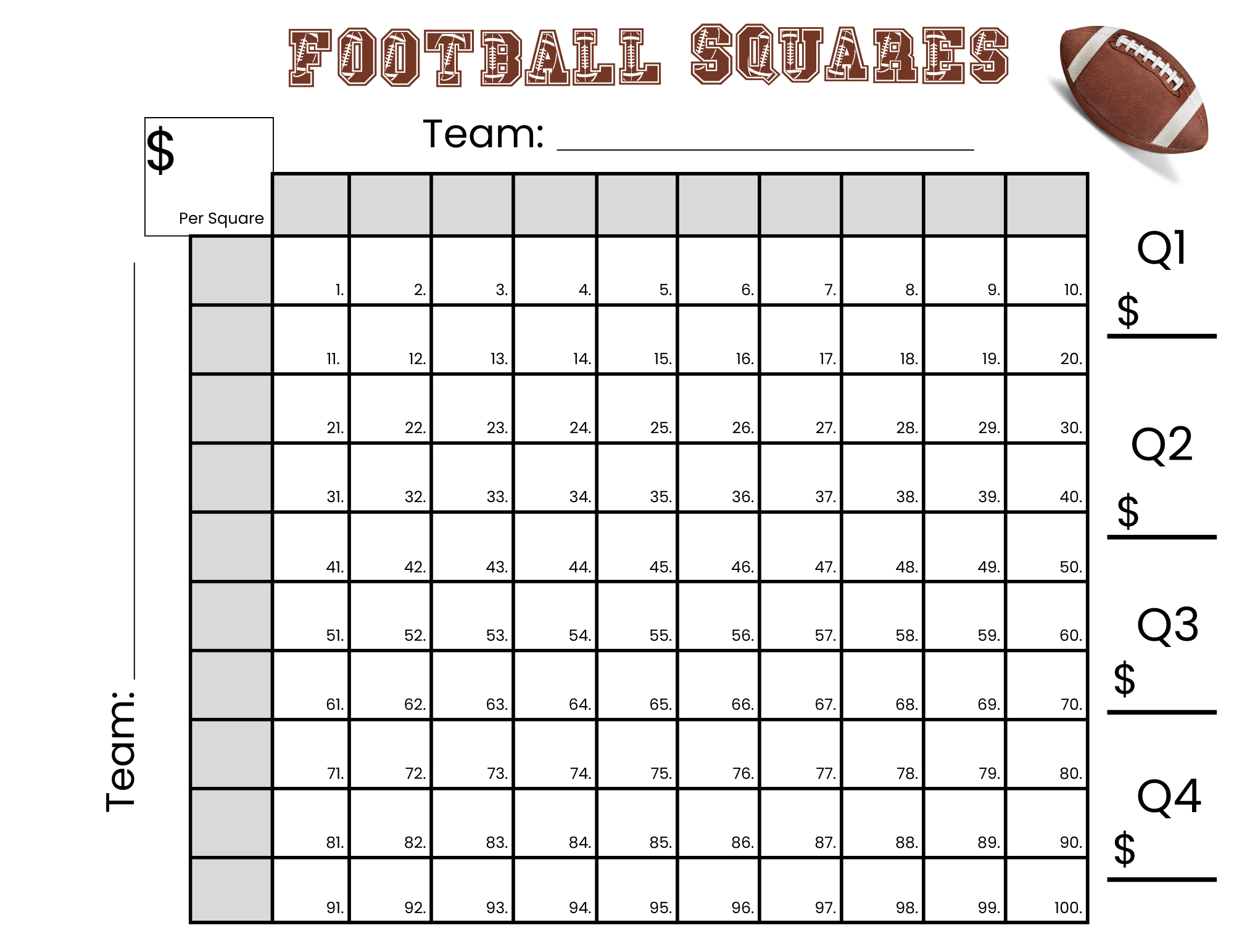 100 Football Squares Game Printable 10×10 Football Squares inside Free Printable Football Squares 100 Numbered