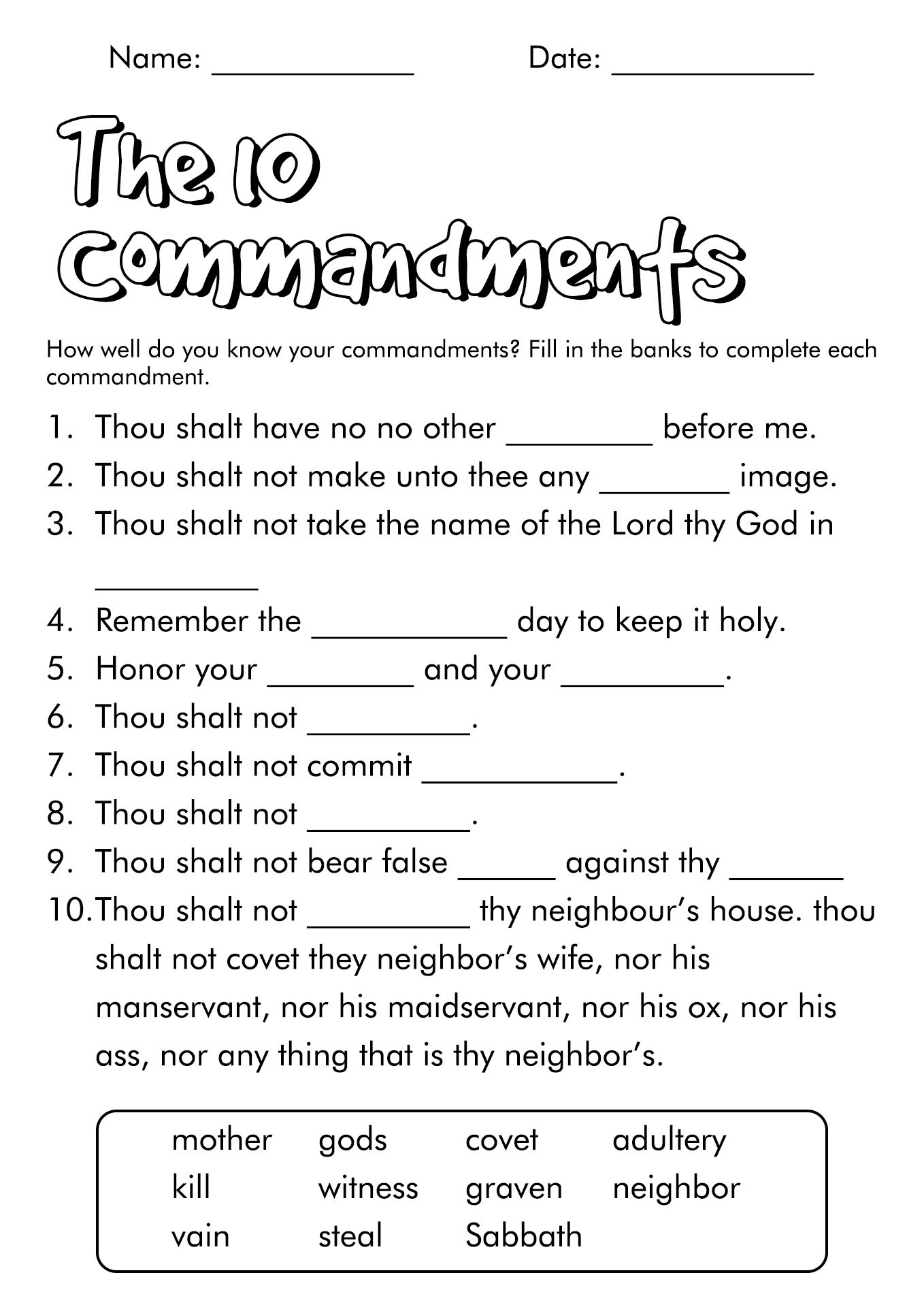 17 10 Commandments Blank Worksheet in Free Printable 10 Commandments Printable Worksheets