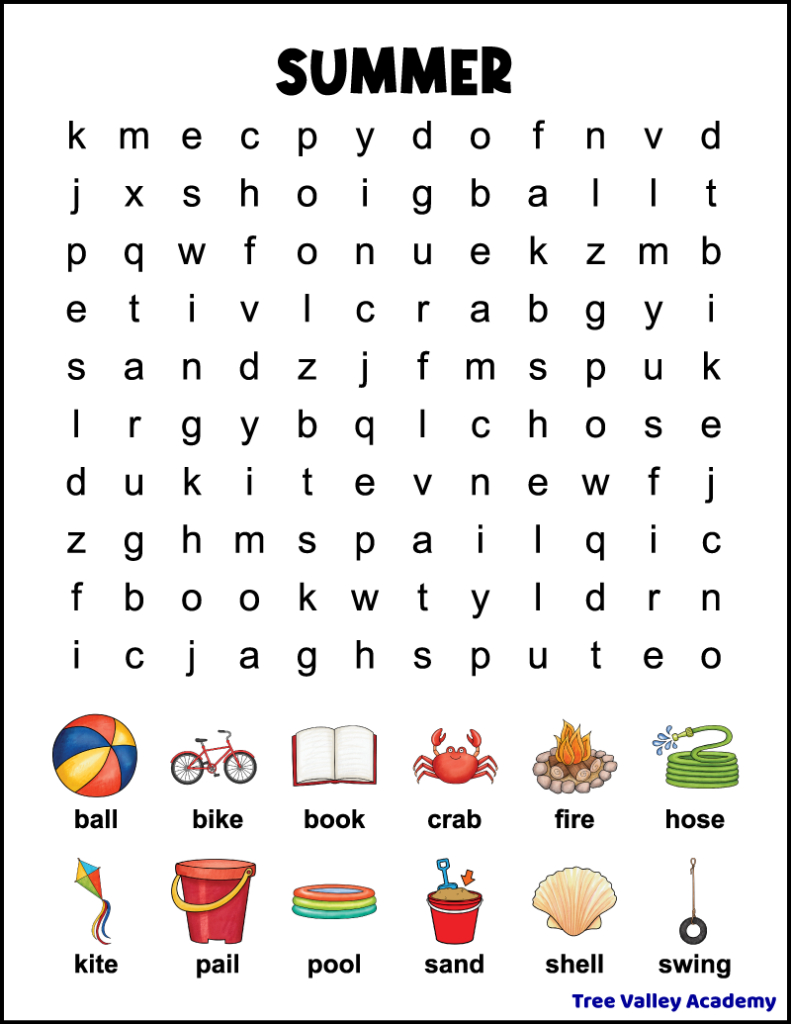 1St Grade Summer Word Search - Tree Valley Academy intended for Crossword Puzzles For First Graders Printable