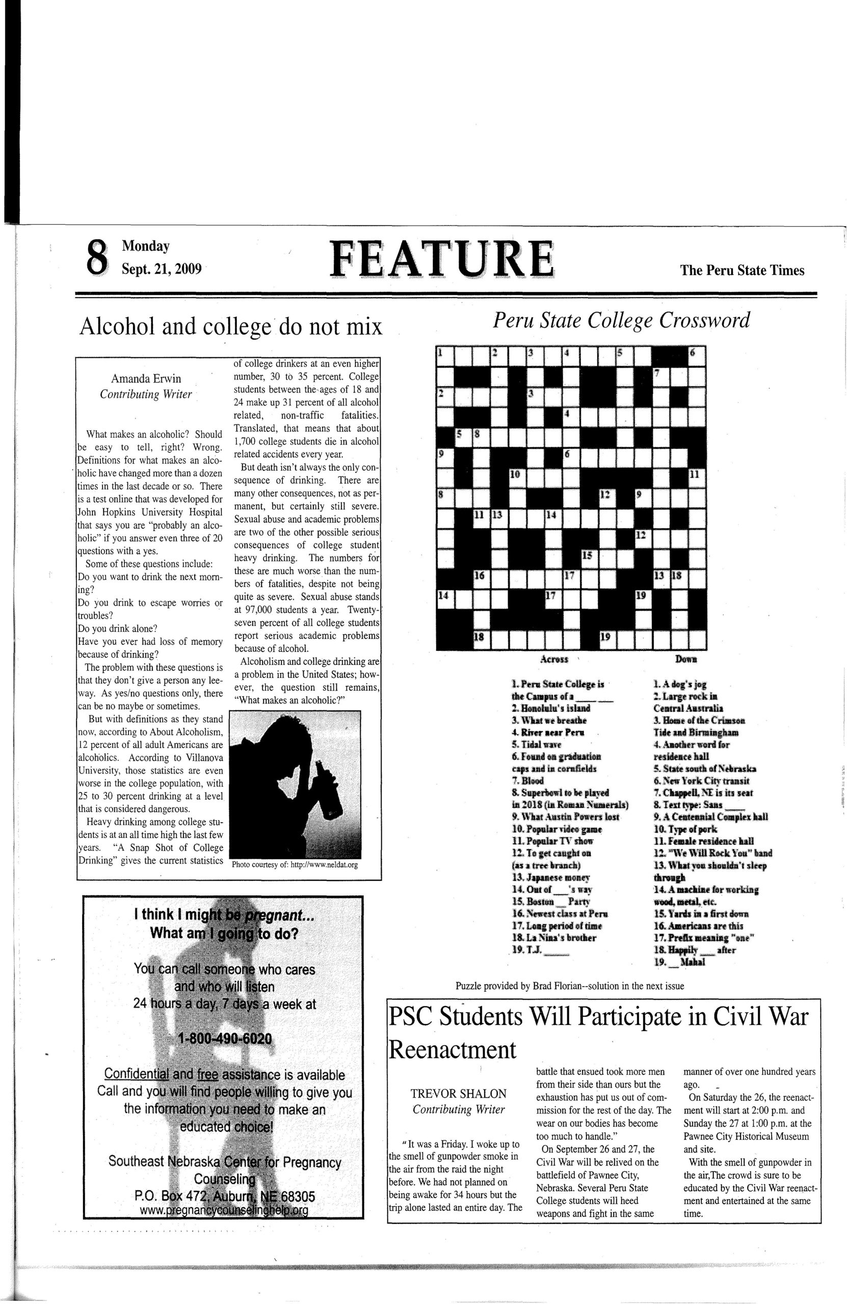 2009-2010 Peru State Times (Peru, Ne) - Issues 1-8Peru State intended for Jacqueline Mathews Printable Crossword Puzzles