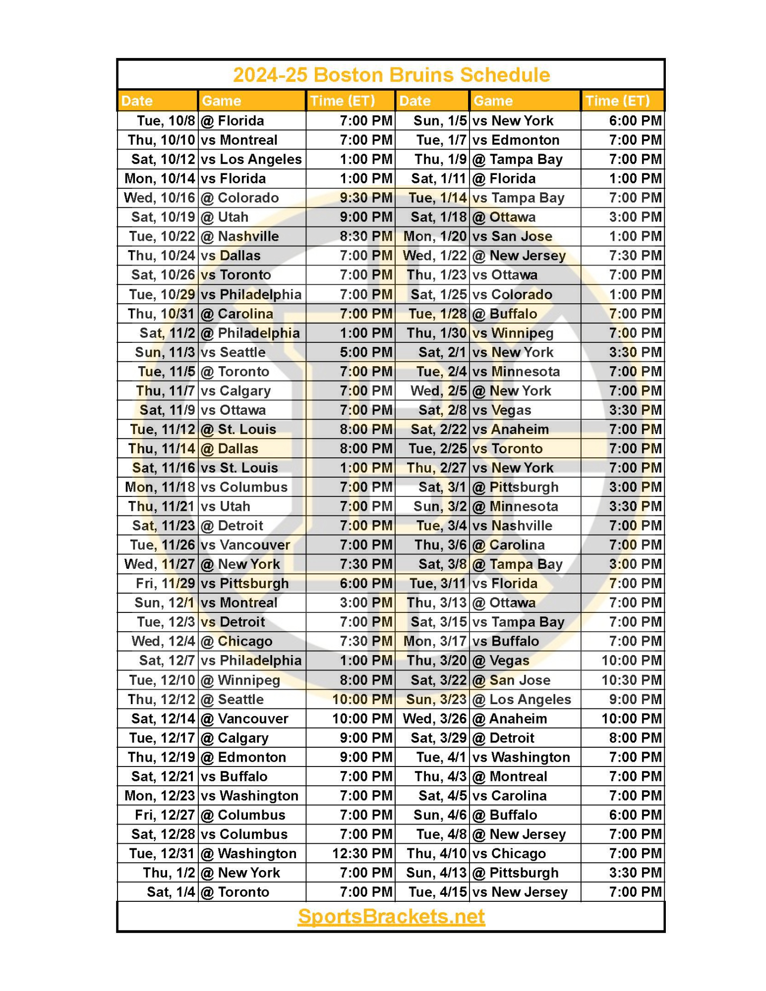 2024-25 Boston Bruins Schedule; Printable, Pdf Format - Sports inside Boston Bruins Schedule 2025 24 Printable Free