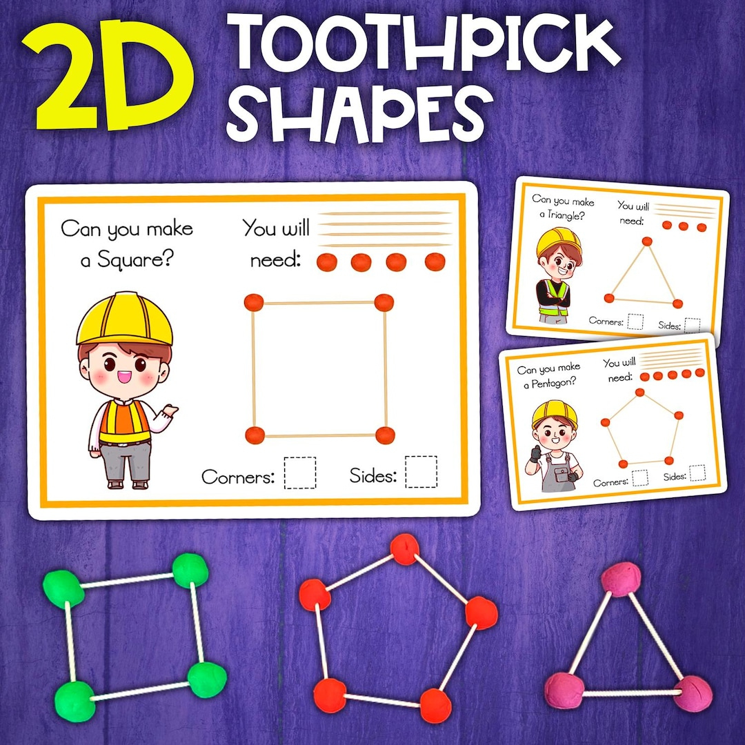 2D Shapes Toothpick And Play Dough Activity For Preschoolers | Home Learning | Dough Activity Counting | Tracing Practice | Task Cards - Etsy throughout Free Printable Marshmallow and Toothpick Geometry Cards