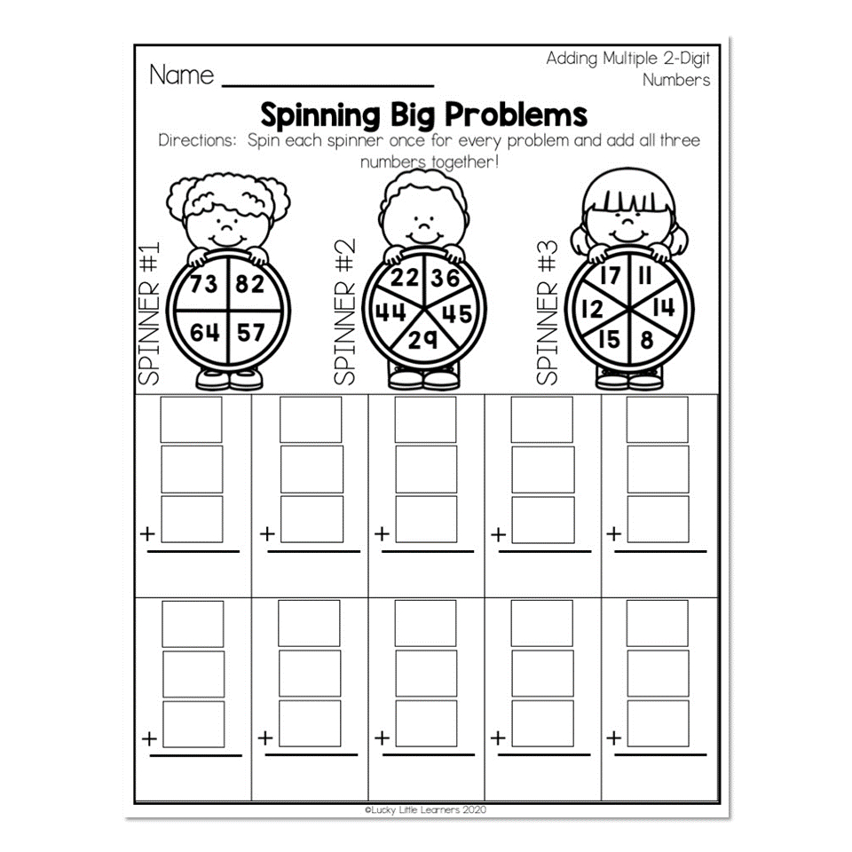 2Nd Grade Math Worksheets - Place Value - Adding Multiple 2-Digit with Spin the Wheel Addition Worksheet
