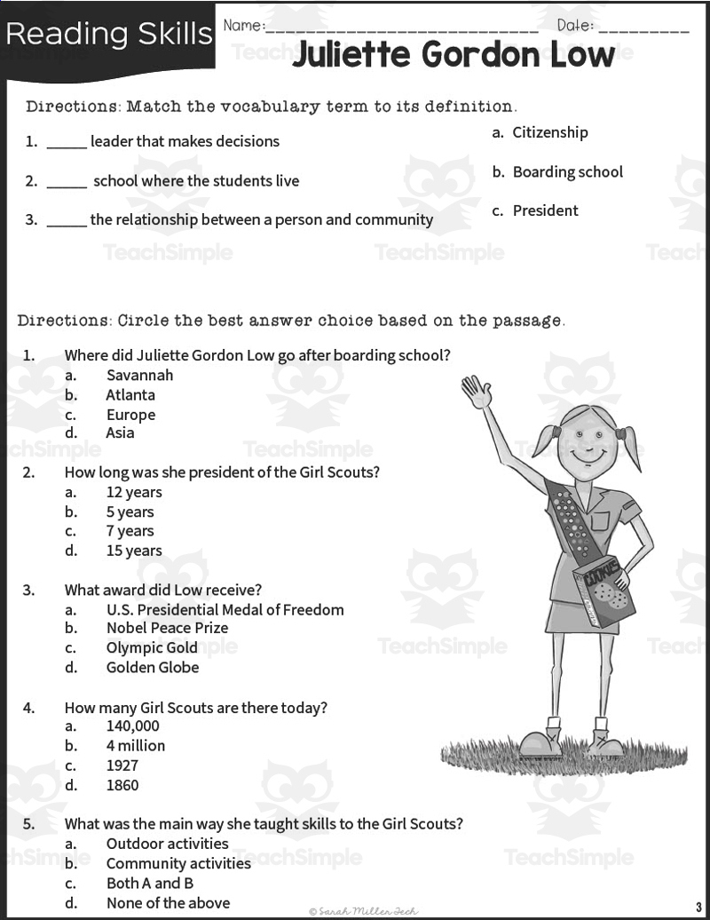 2Nd Grade Reading Packet: Juliette Gordon Low regarding Juliette Gordon Low Printables