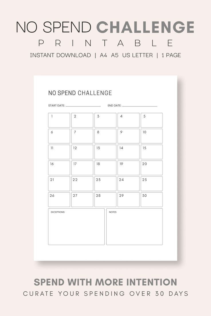 30 Day No Spend Challenge Printable - Save More, Spend With Intention with regard to No Spend Challenge Free Printable