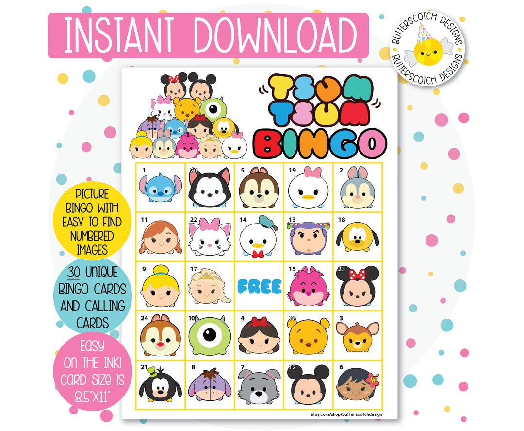 30 Tsum Tsum Printable Bingo Cards (30 Different Cards) - Instant for Tsum Tsum Bingo Card 30