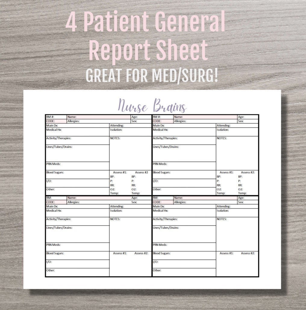 4 Patient Nurse Report Sheet - Instant Pdf Download - Brain Sheet for Printable Nurse Brain Sheet 4 Patients