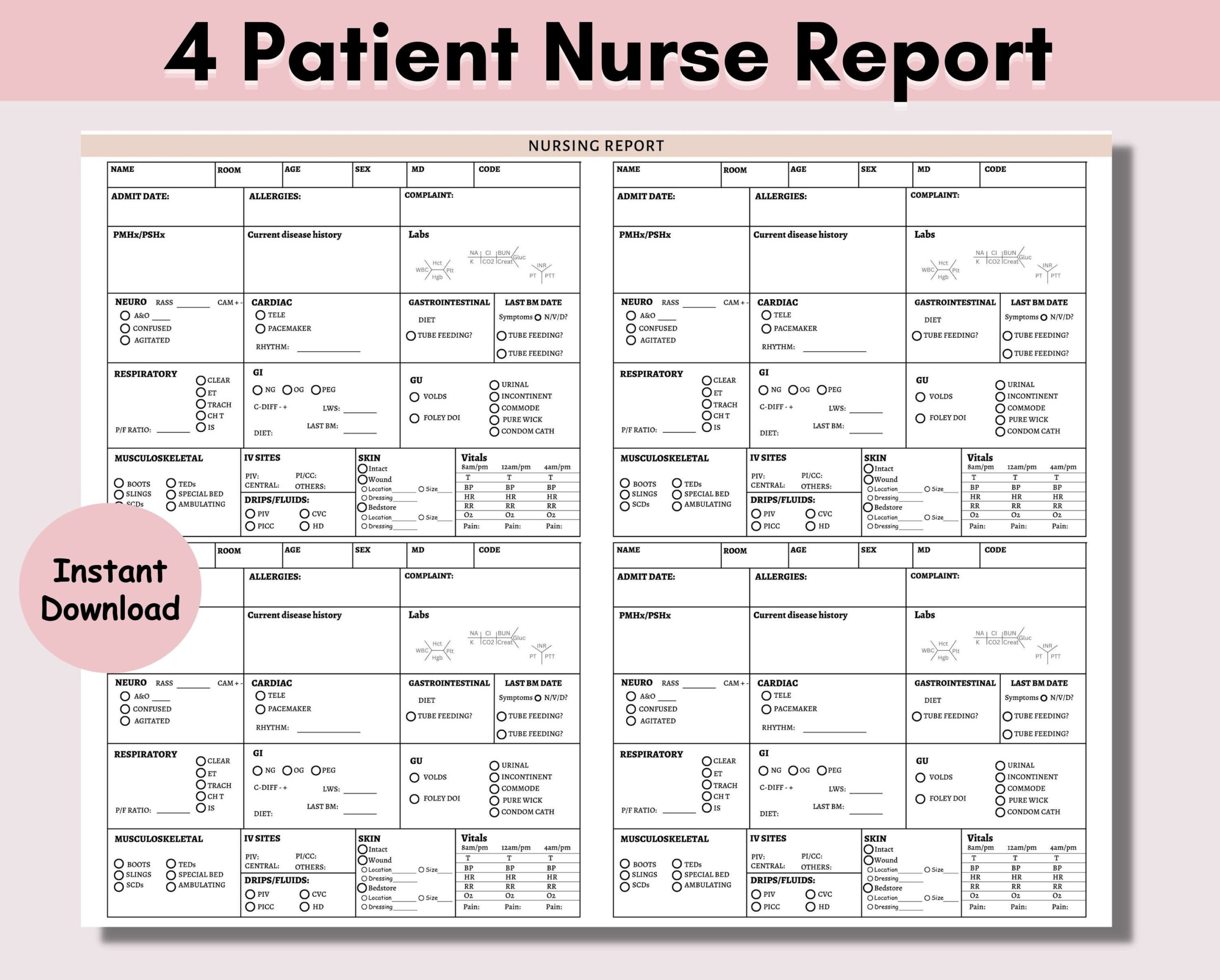 4 Patient Nurse Report Sheet, Printable Template, Nurse Brain throughout Printable Nurse Brain Sheet 4 Patients