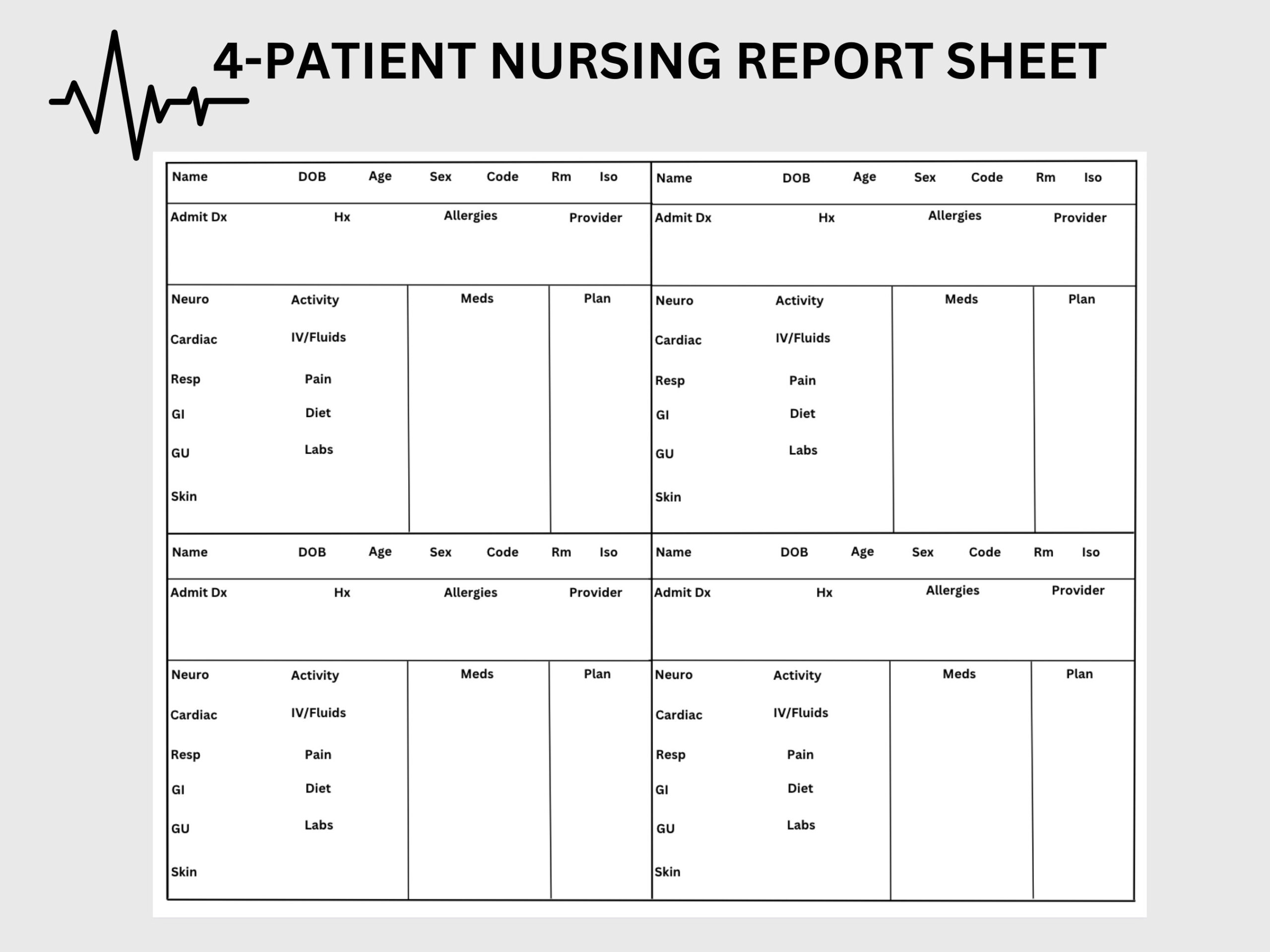 4-Patient Nursing Report Sheet | Nursing Brain Sheet | Nursing with Printable Nurse Brain Sheet 4 Patients