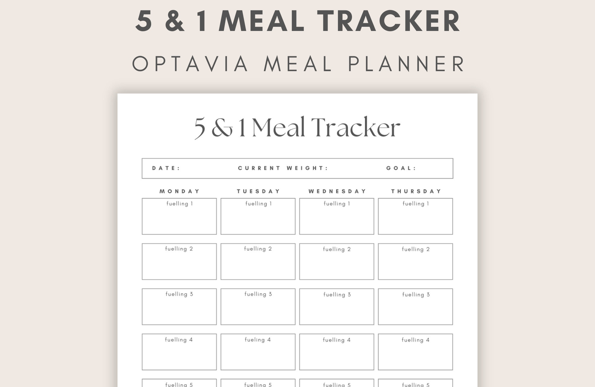 5 &amp;amp; 1 Fueling Tracker, Minimalist Optavia Meal Diary, Lean And regarding Printable Optavia Tracking Sheets Free