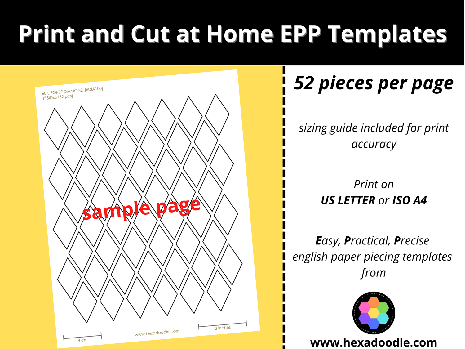 6Dia100 - 60° Degree Diamond - Epp Print And Cut At Home Templates - 1 Inch Sides For Printing And Cutting Out At Home. 52 Diamonds Per Page. for Free Printable 60 Degree Diamond Template