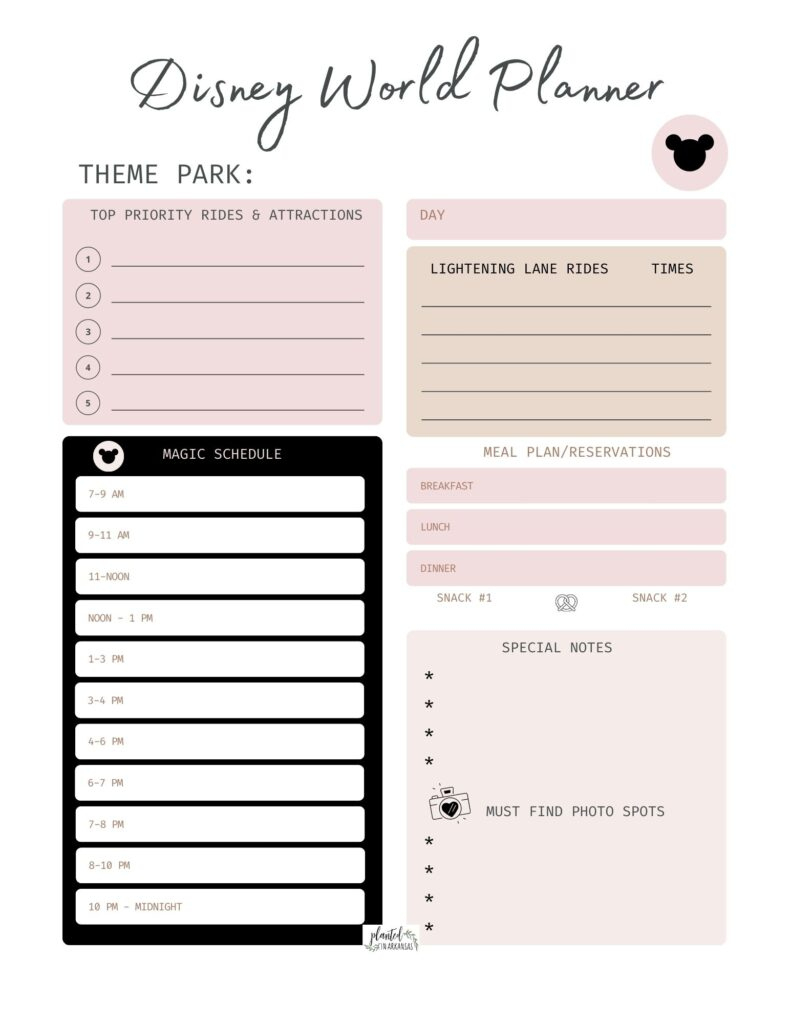 7 Day Disney World Itinerary With Free Disney Planning Printables for Free Disney Planning Printables