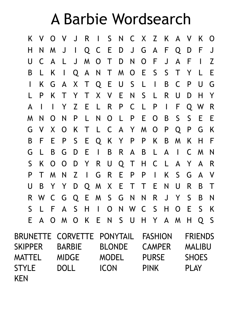 A Barbie Wordsearch - Wordmint throughout Barbie Word Search Printable